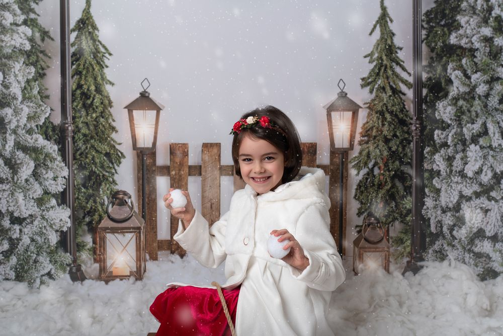 Four holiday photos show a festive winter scene with evergreen trees, lanterns, and red and white decor.