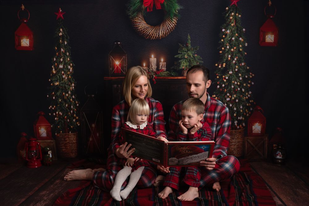 A series of festive Christmas photos with decorated trees, red bows, and warm lighting in a cozy studio setting.