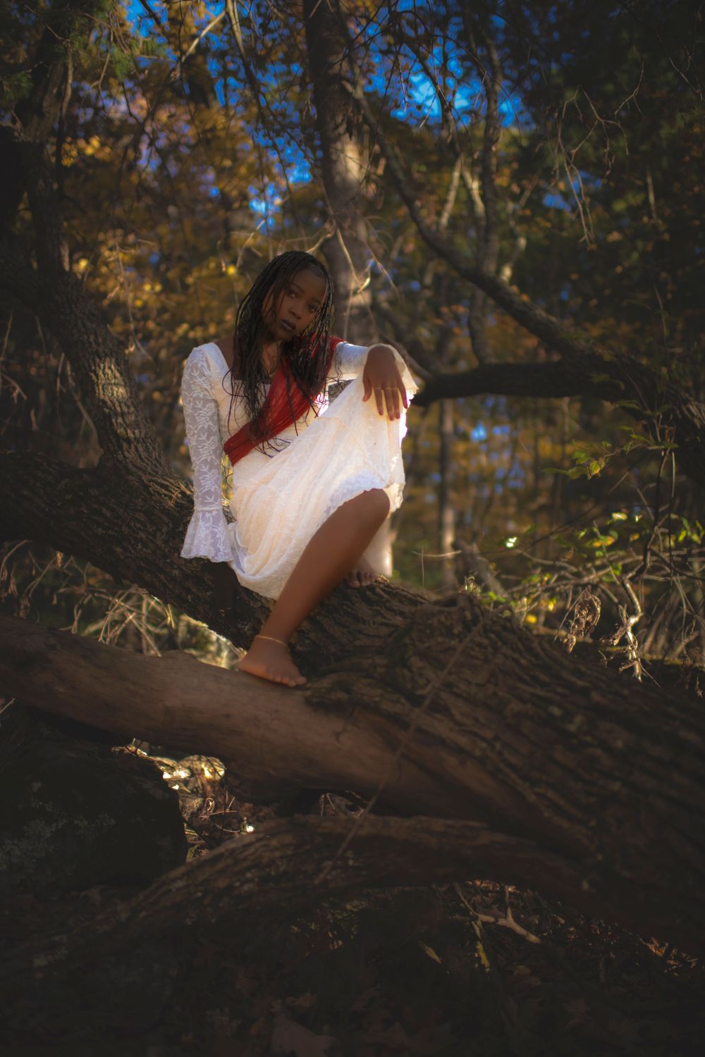 Forest photoshoot featuring elegant white dress against autumn woodland backdrop.