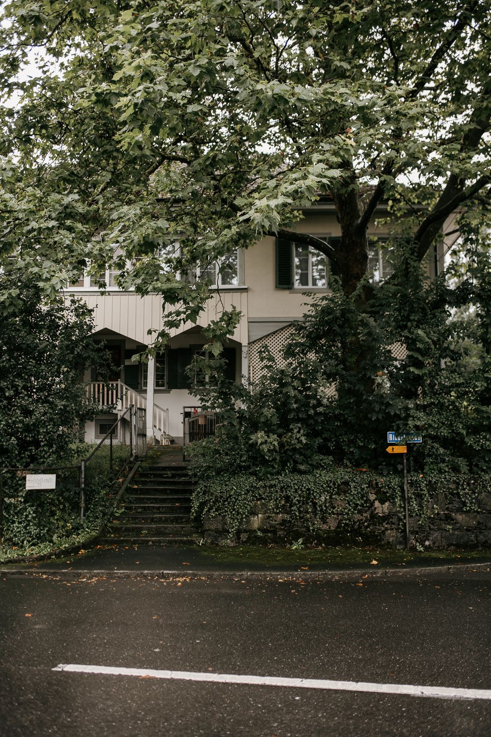 A charming white house with steps leading to the entrance, framed by large green trees on a quiet street.