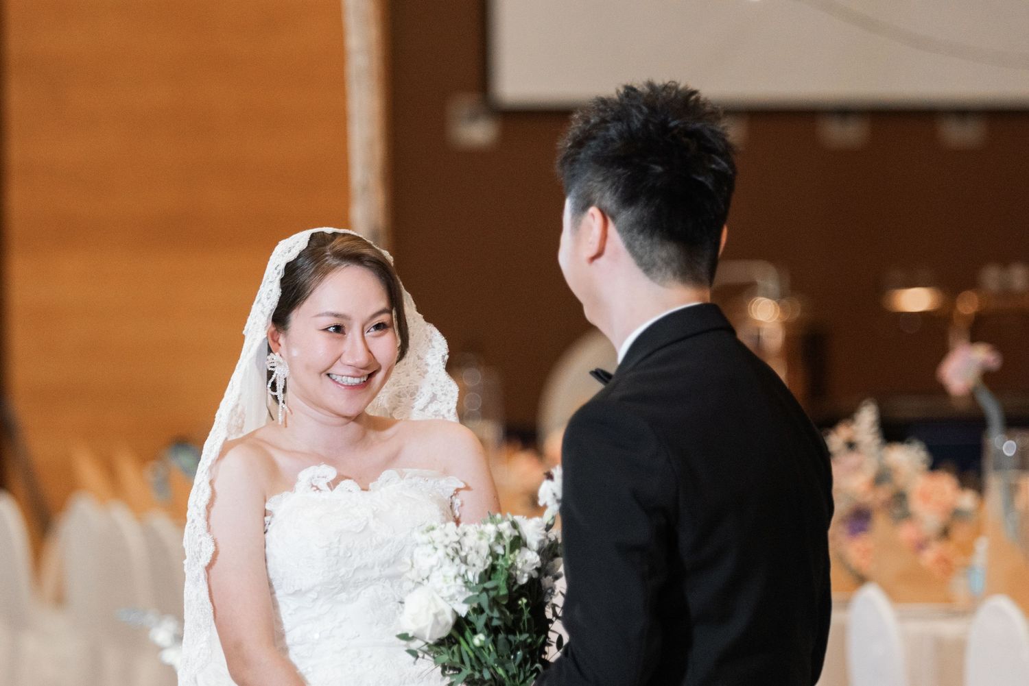 Bride and groom exchanging first look at Rh Hotel Jasmine Ballroom, Sibu, Sarawak.