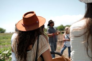 People wearing wide-brimmed hats gathered in a sunny outdoor field.