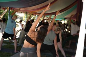 Exercise participants stretching their arms upward during an outdoor fitness class.
