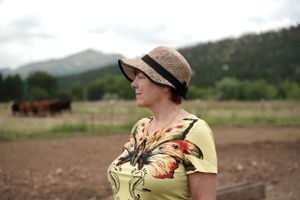 Person in yellow butterfly shirt and sun hat standing in front of mountain landscape.