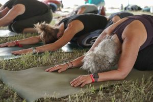 Students in forward fold position during an outdoor yoga class on grass.