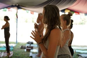 Participants practicing mindfulness exercises during an outdoor wellness event.