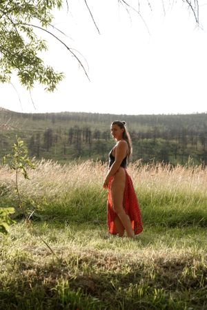 A figure in a red flowing dress stands in a sunlit meadow with rolling hills in the background.