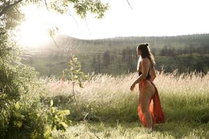 A flowing red dress catches the sunlight in a serene meadow landscape at golden hour.