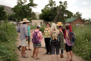 Group of visitors touring garden path wearing sun hats and carrying bags.