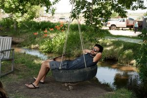 Someone relaxing in a tire swing over a small stream in a backyard setting.