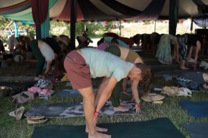 Participants stretch and bend during an outdoor yoga session under a striped canopy.