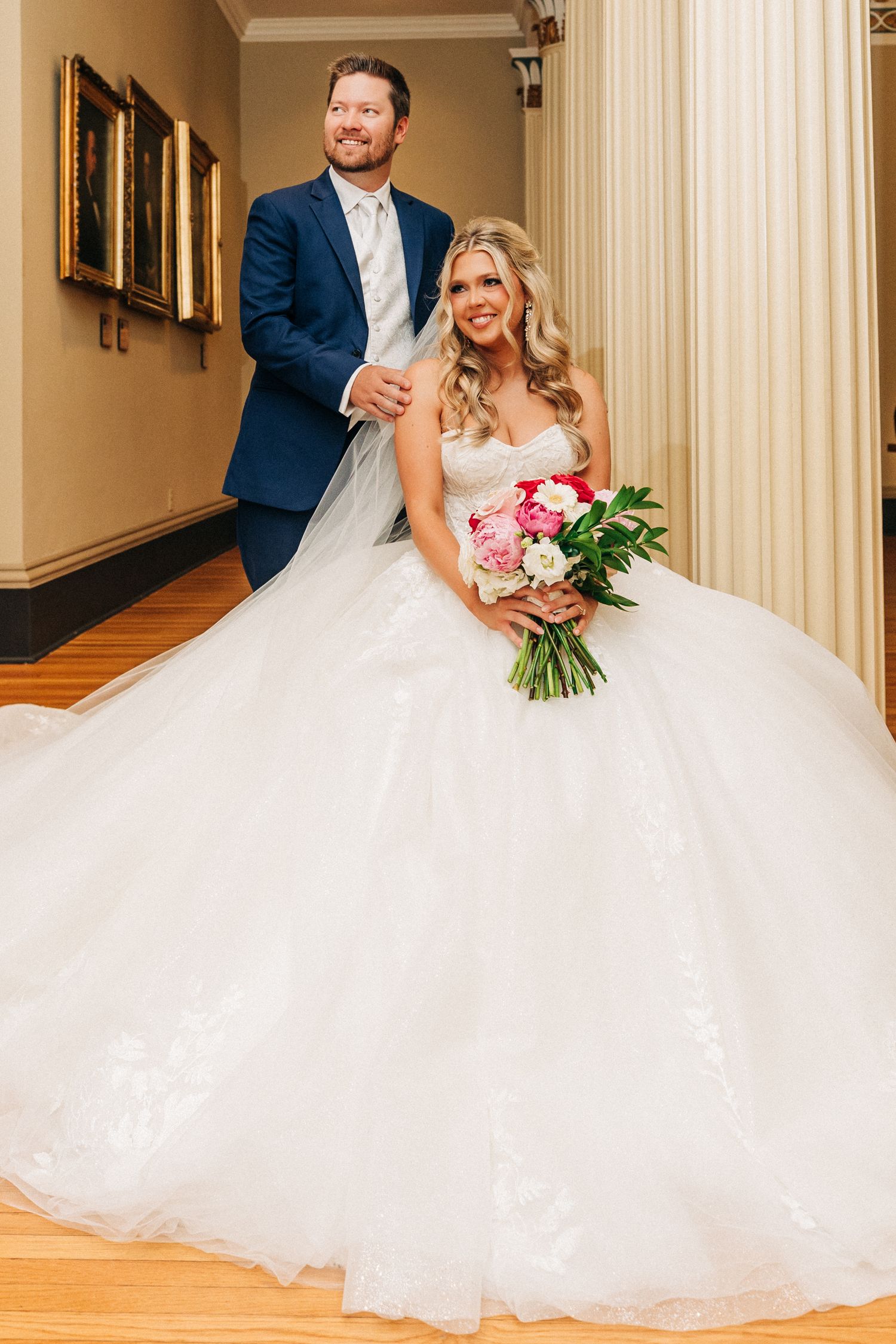 Wedding photos show a couple in a formal setting with bride in flowing white gown and pink floral bouquet.