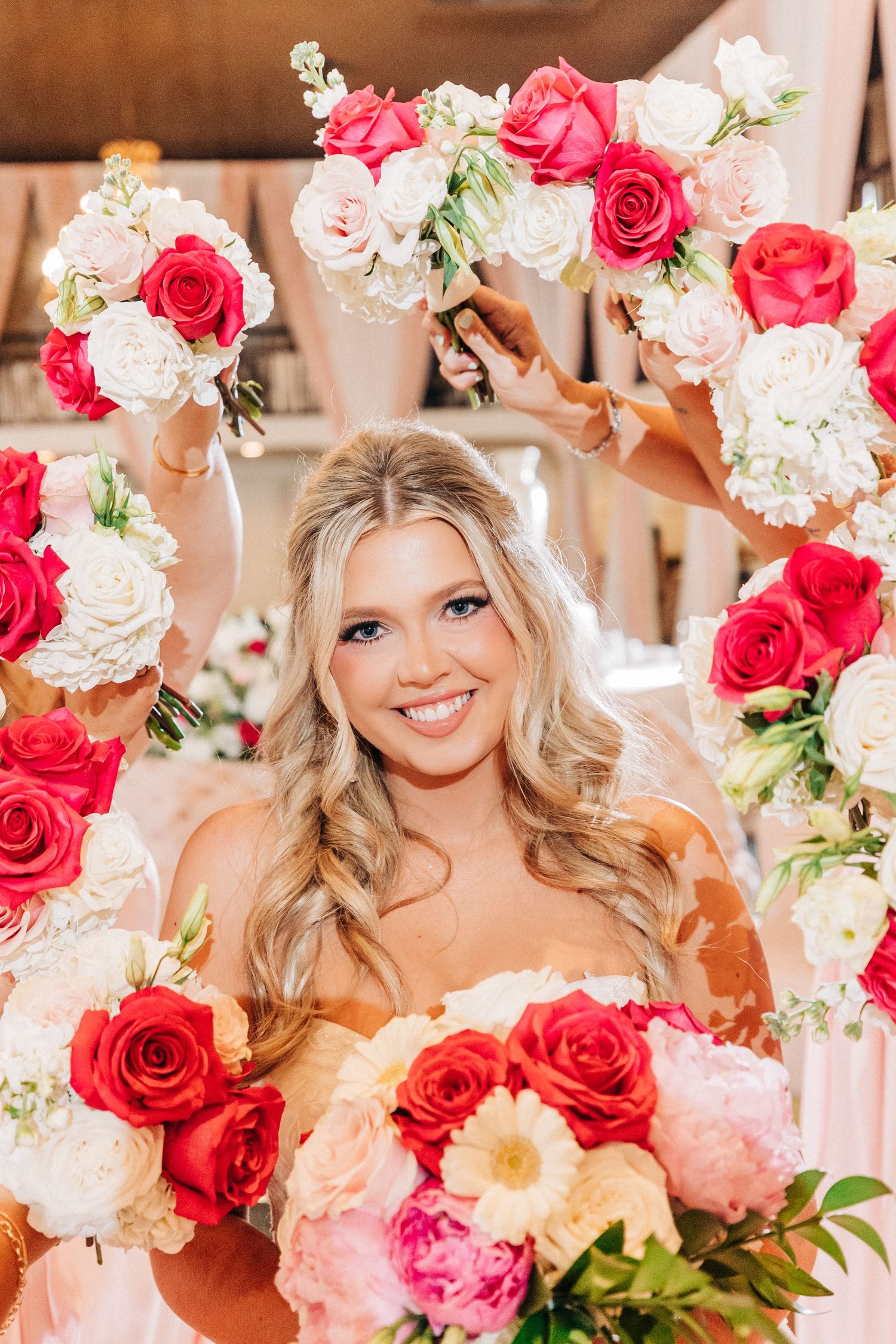 Beautiful floral collage featuring pink and red roses with white blooms in a romantic wedding themed design.
