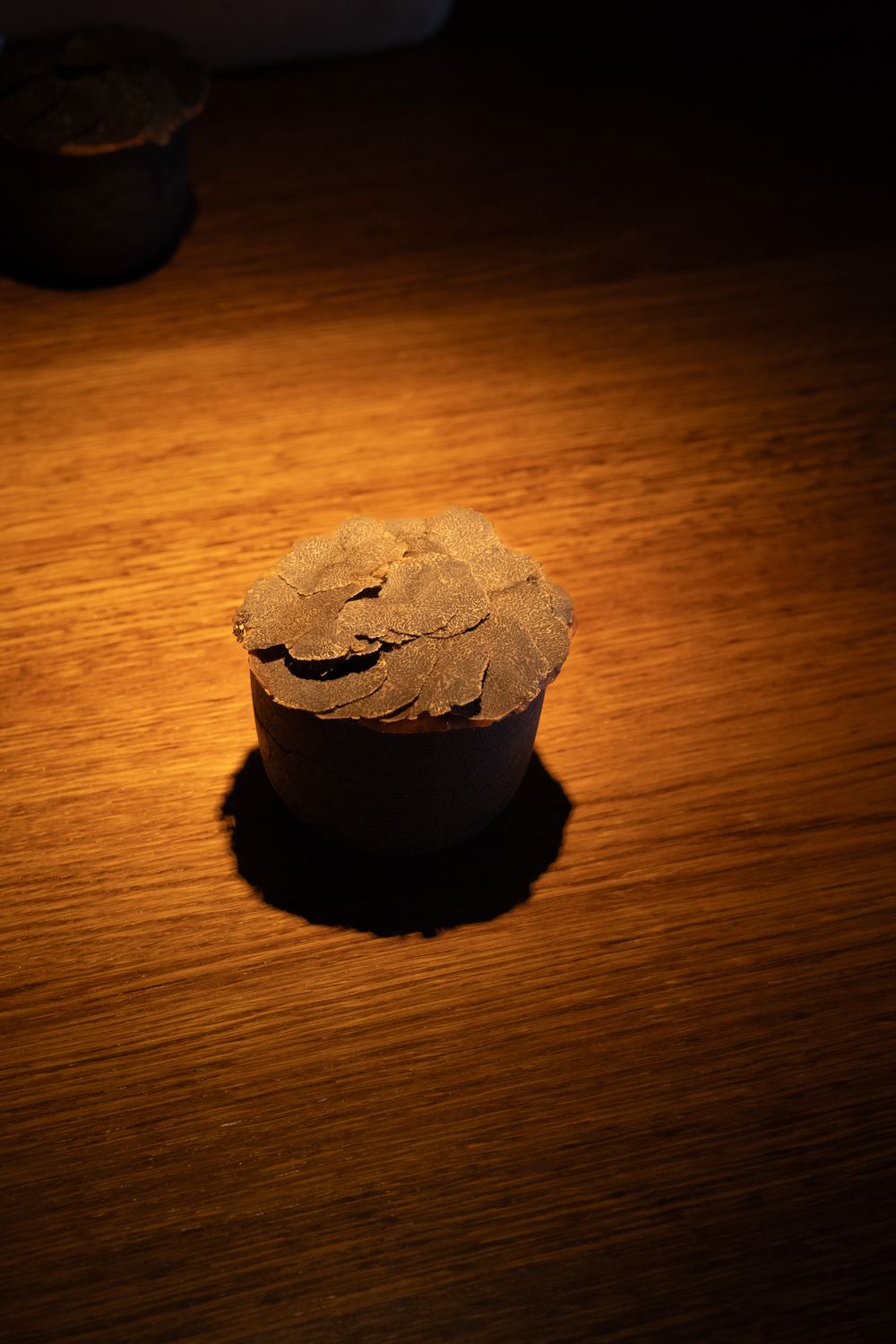 A chocolate cupcake with frosting sits on a wooden surface under dramatic spotlight illumination.