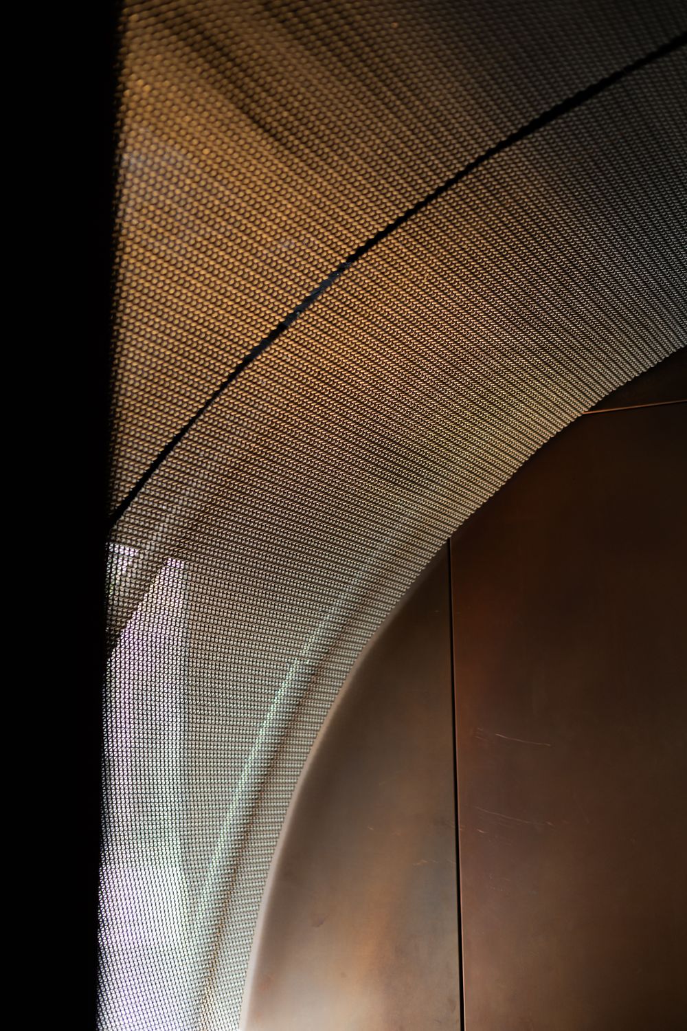 Architectural detail showing curved ceiling with textured grid pattern illuminated by soft lighting.