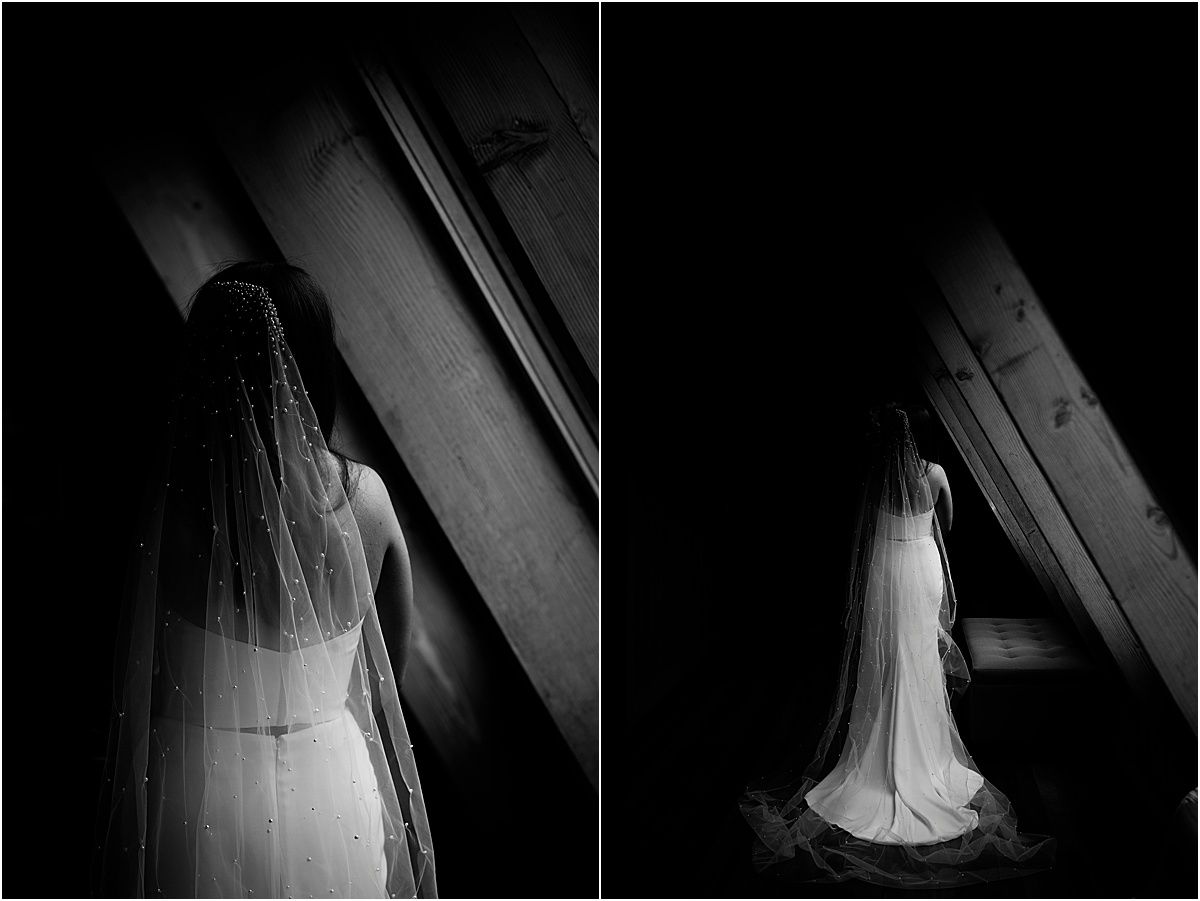Dramatic black and white bridal portraits with flowing veil silhouettes.