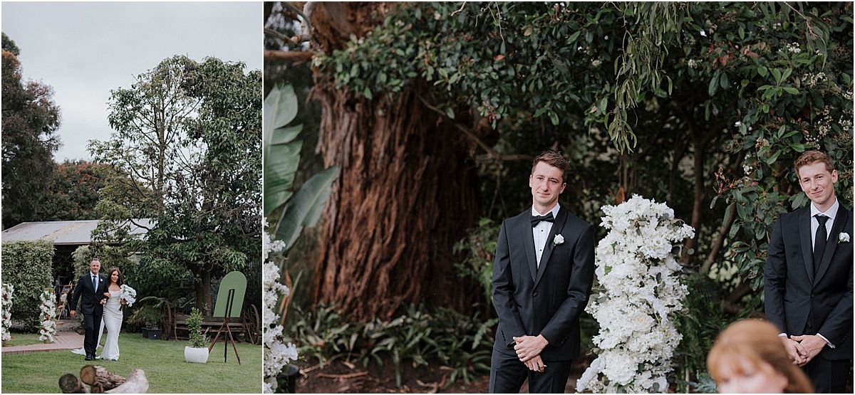 Garden wedding ceremony with natural decor and floral arrangements.