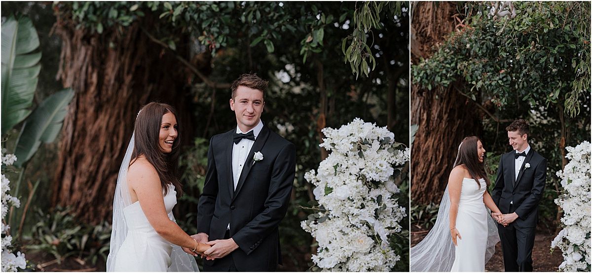 Elegant outdoor wedding ceremony with floral arrangements and formal attire.