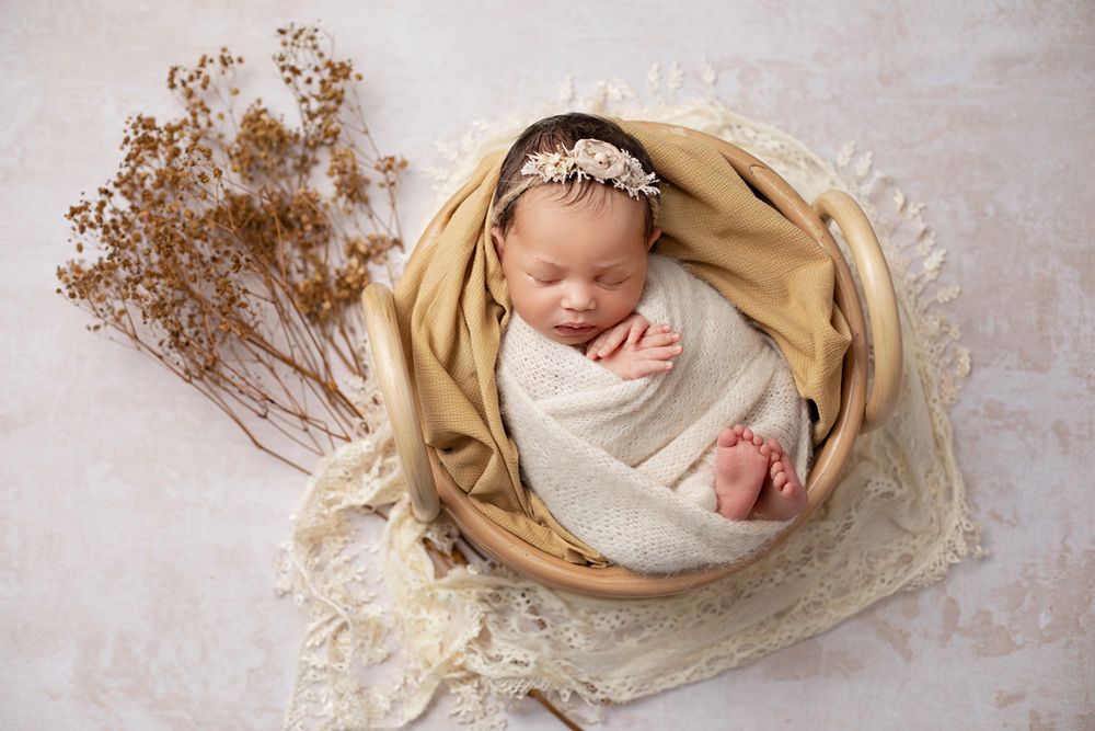 Best newborn photography Brisbane and Ipswich – baby portraits in cream nest with dried flowers, Springfield Lakes studio near Mater Mothers