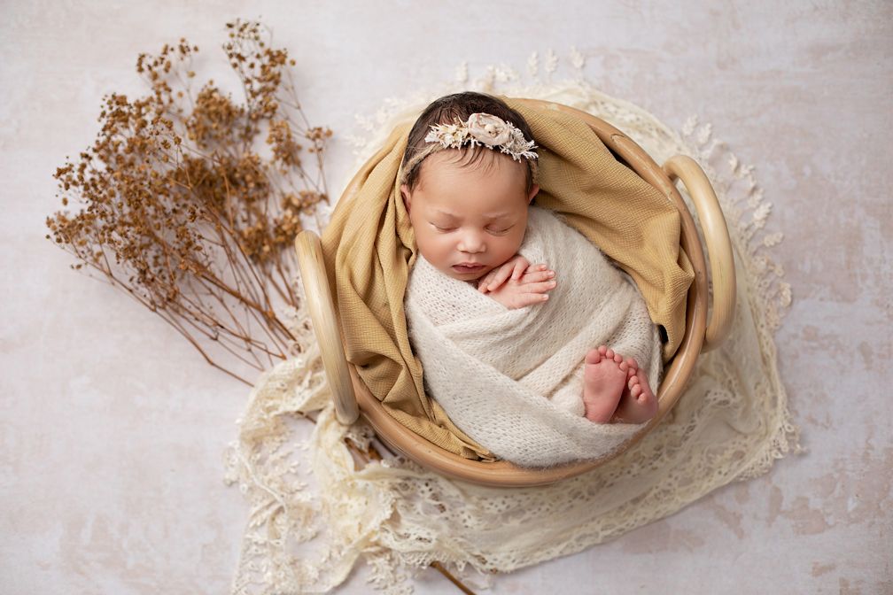 Best newborn photography Brisbane and Ipswich – baby portraits in cream nest with dried flowers, Springfield Lakes studio near Mater Mothers