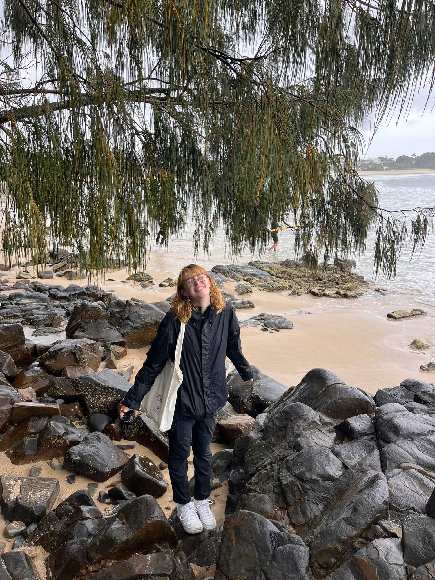 People walking along rocky coastline with drooping trees and beach view in background.