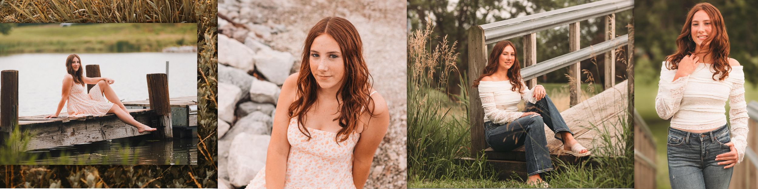 Four relaxed outdoor portrait photos at a countryside location with natural lighting and rustic backdrops.