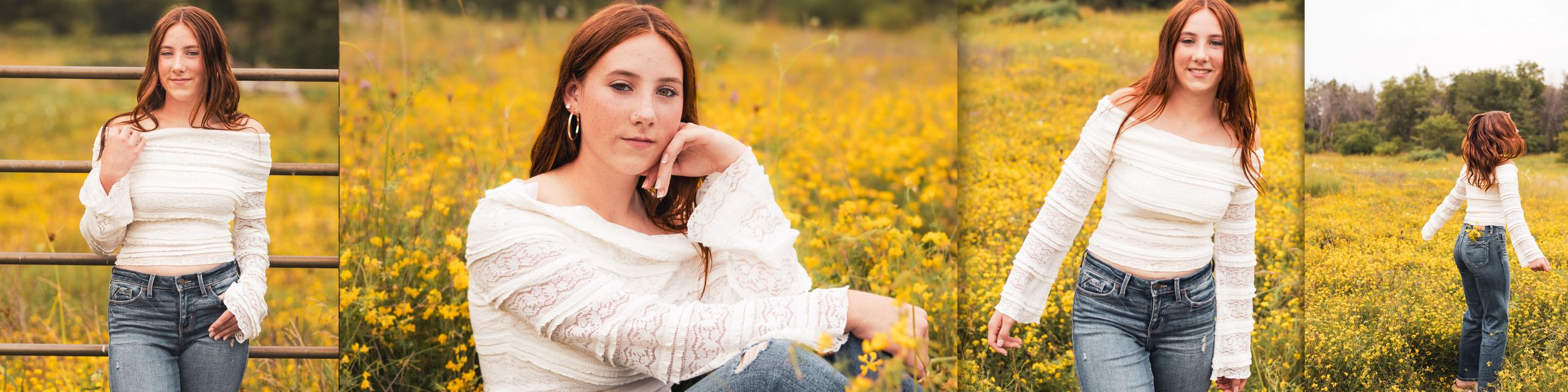 A person in a floral sundress poses gracefully in a field of vibrant yellow wildflowers on a sunny day.