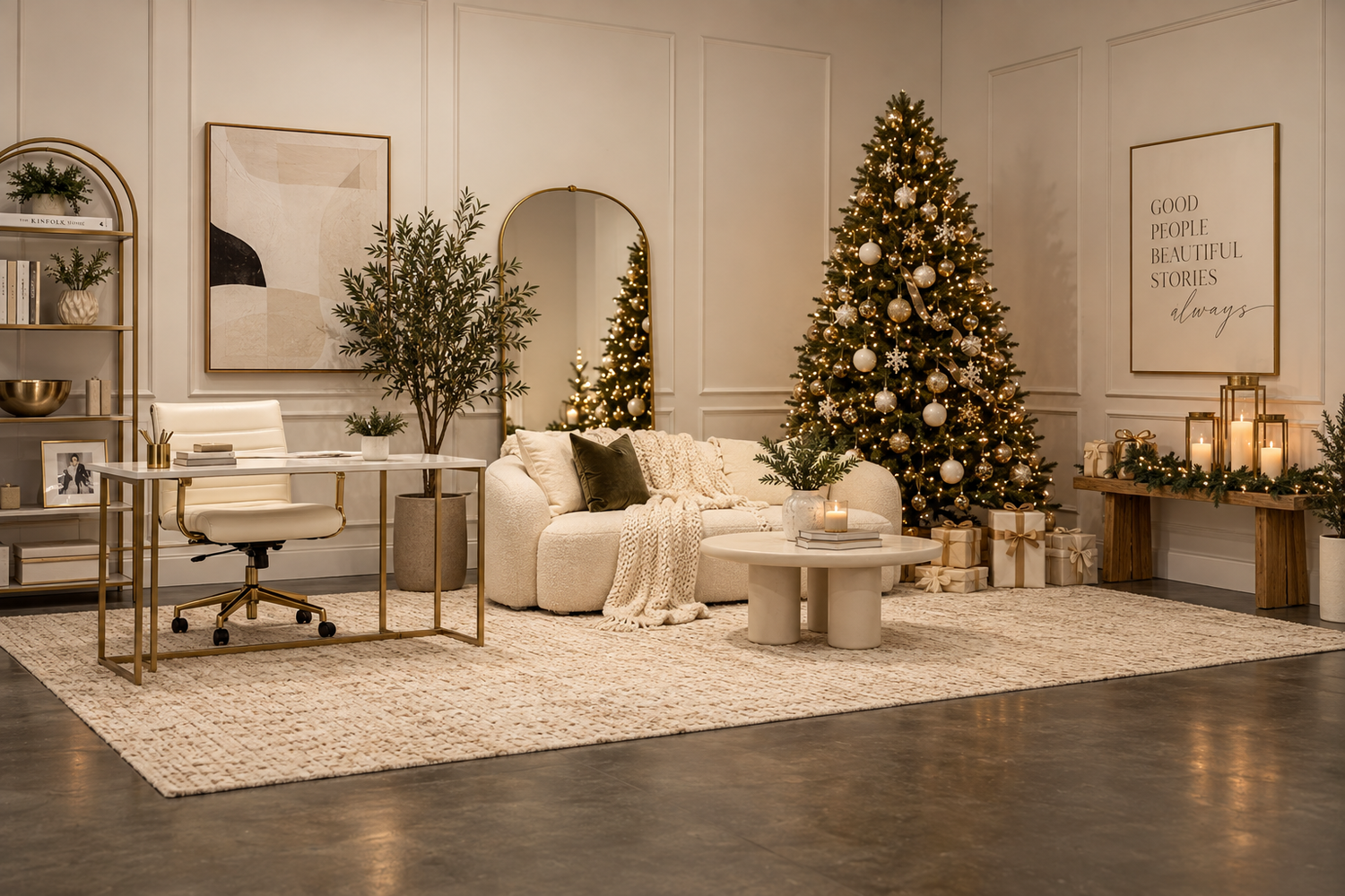 White winter holiday scene with elegant fireplace mantel decorated with pine trees, garlands, and glowing candles.