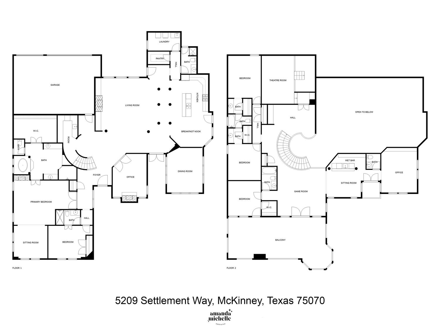Architectural floor plan showing a spacious two-story luxury home layout with multiple rooms and curved design elements.
