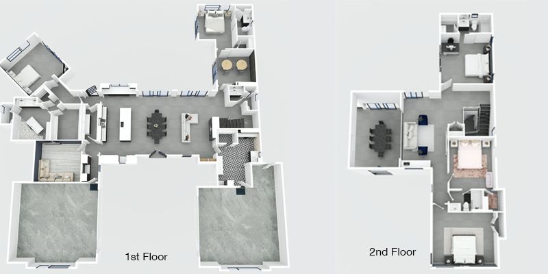 3D architectural floor plan rendering showing first and second floor layouts with gray walls and furniture placement.