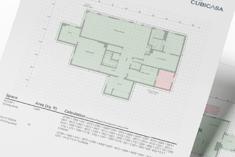 Architectural floor plan blueprint with green shaded areas shown on graph paper.
