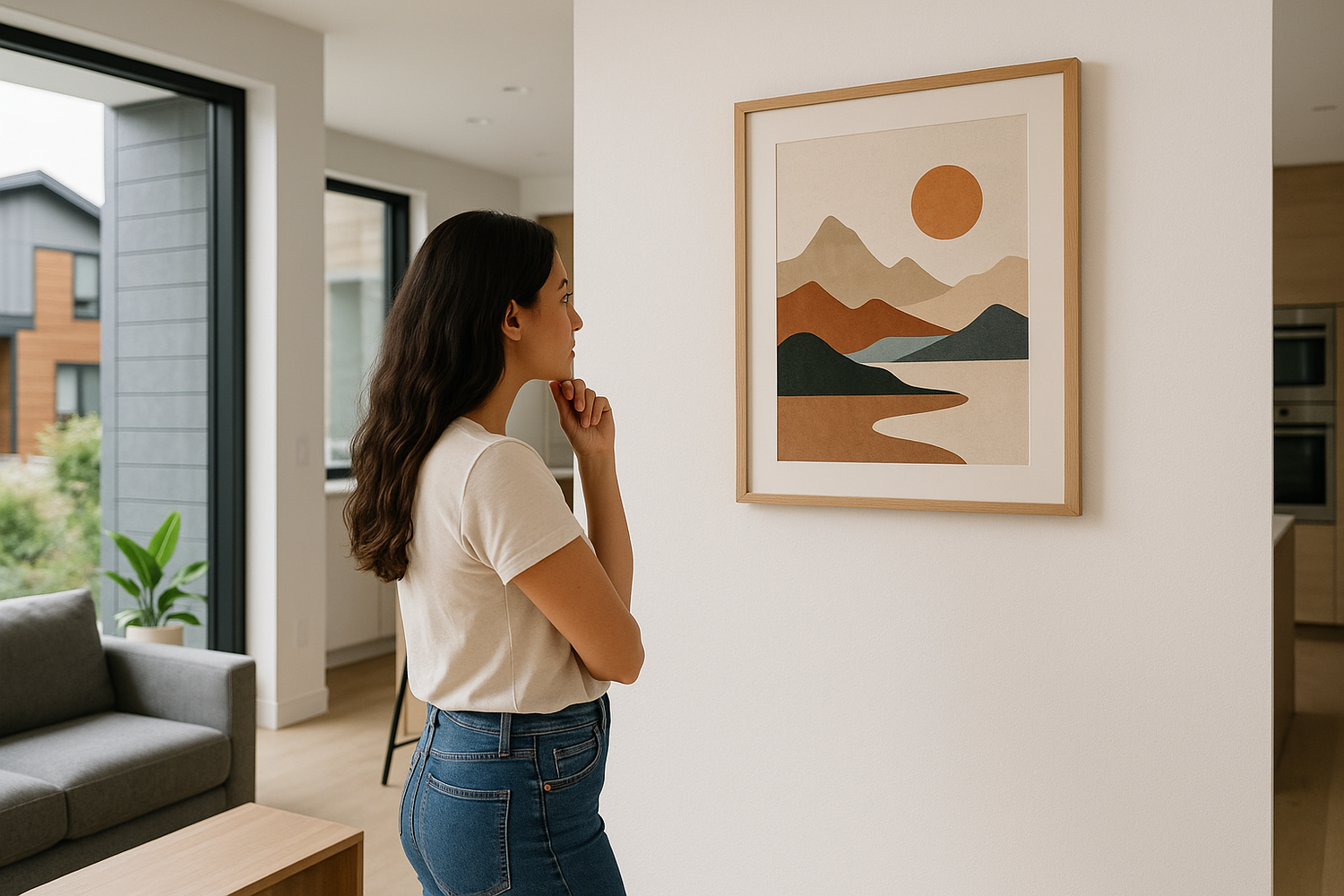 Women looking at sunrise artwork pondering something.
