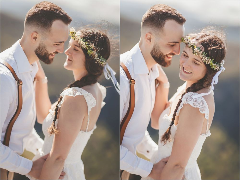 Intimate close-up portraits of newlyweds sharing tender moments outdoors.