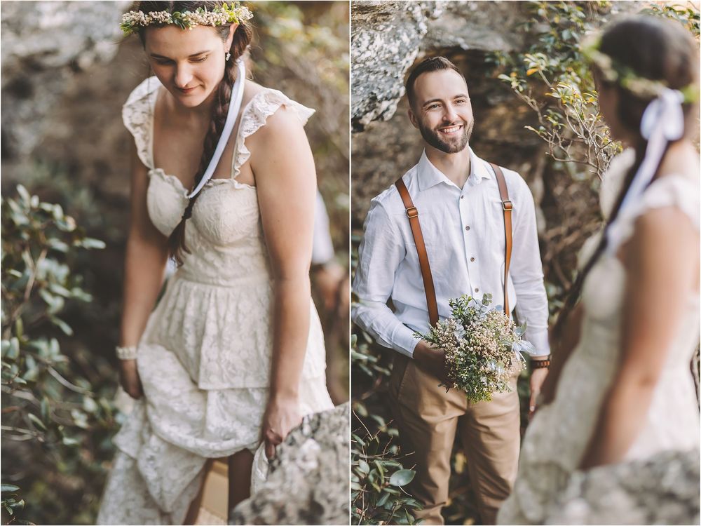 Artistic wedding photography featuring nature-inspired portraits among rocky terrain.