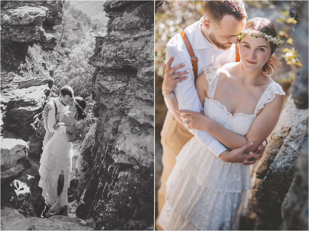 Intimate wedding portraits captured against rugged rock formations and natural scenery.