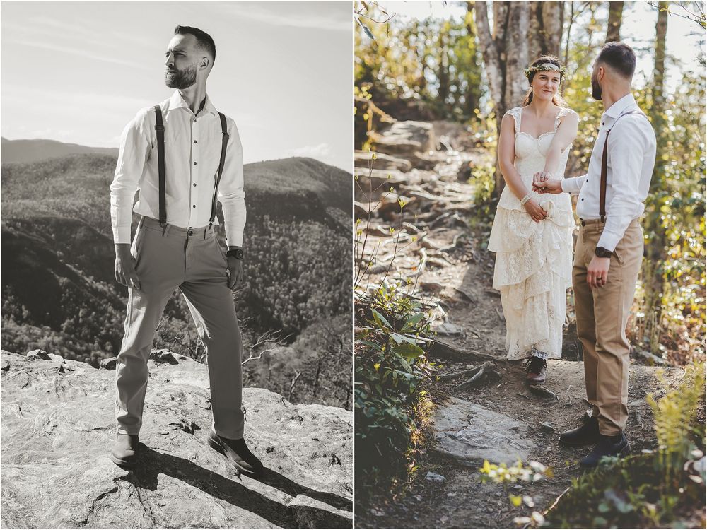 Side-by-side images showing rustic mountain wedding attire and a forest path meeting.