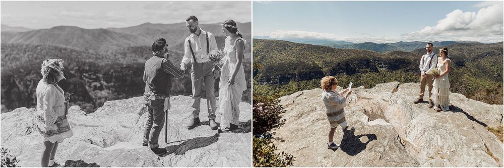 Side-by-side comparison of a vintage and modern mountain wedding ceremony photograph.