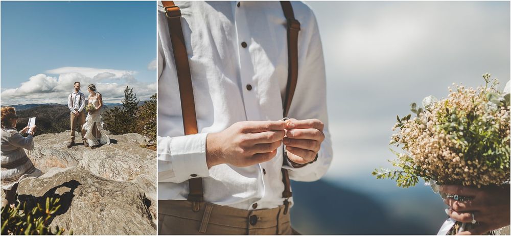 Wedding detail shots showing rustic decor and someone wearing white suspenders against a nature backdrop.