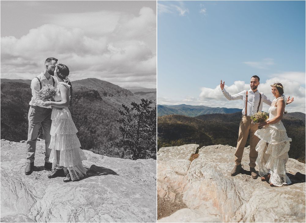 Wedding couple poses on rocky mountain overlook in both color and black and white photography.