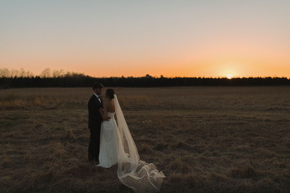 Newlyweds watch sunset together in open field with long trailing veil.