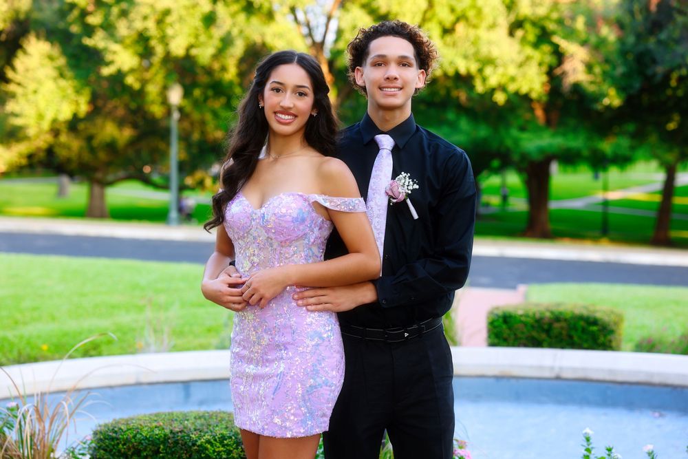 A couple poses together in formal attire across multiple outdoor photos with lush greenery in the background.