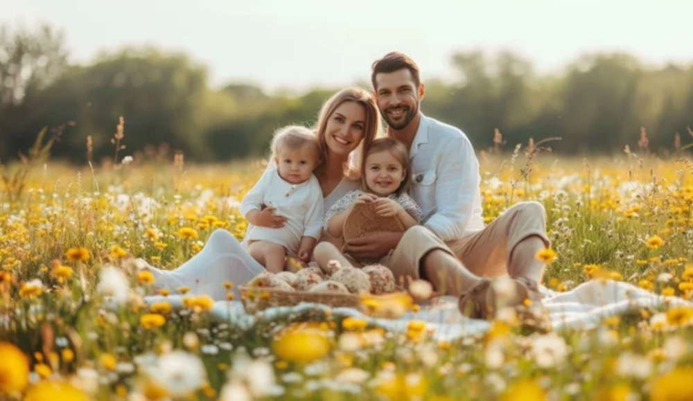 A family relaxing together on a picturesque meadow filled with bright yellow wildflowers during golden hour.