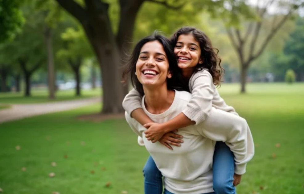 Sequence of candid outdoor moments capturing joyful piggyback rides and embraces in a lush green park setting.