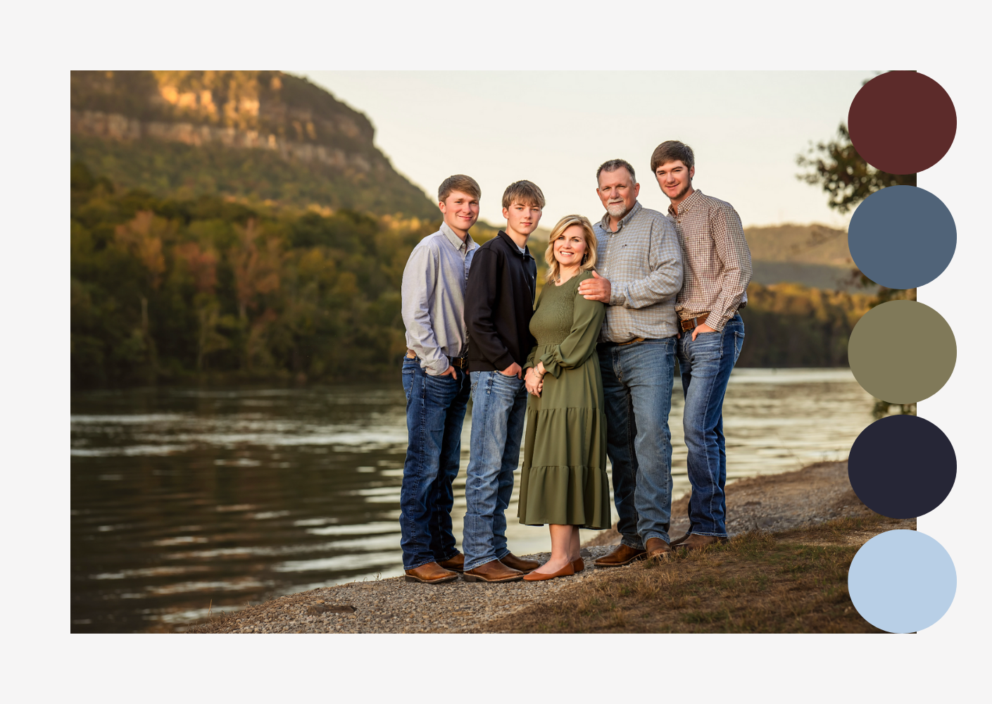 A family standing on a riverbank at sunset with a scenic mountain backdrop. Their outfit color palette is displayed to the side.