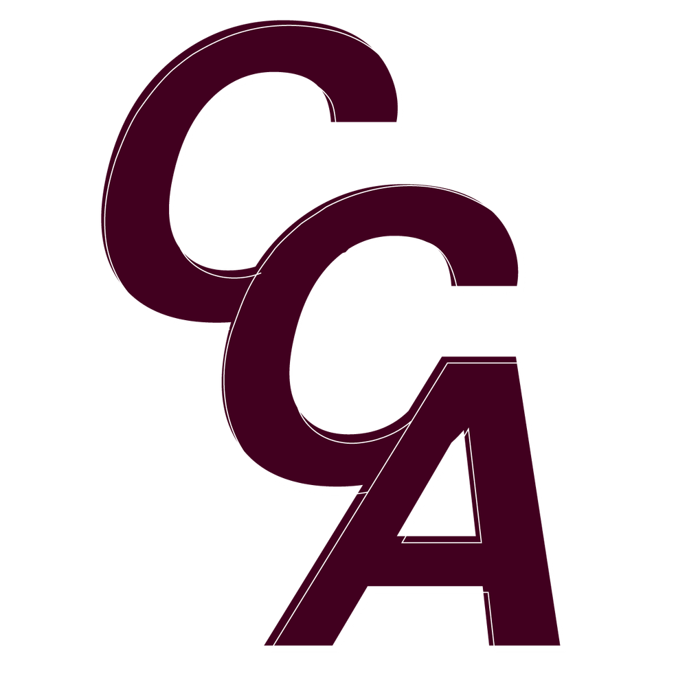 A stylized deep burgundy CCA logo design with overlapping capital letters arranged vertically.