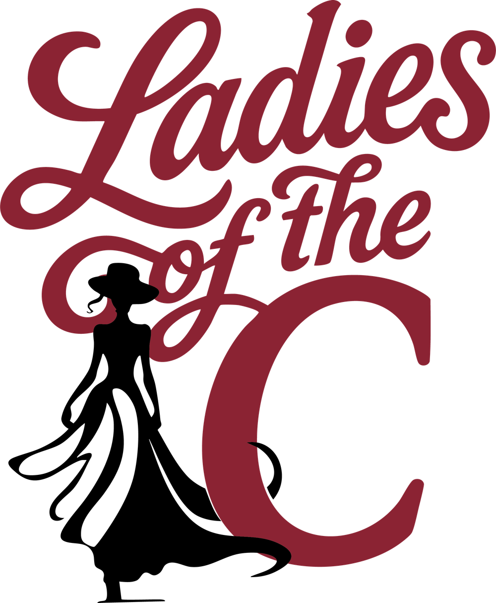 A silhouette of a woman in a flowing dress next to elegant burgundy text reading 'Ladies of the C'.