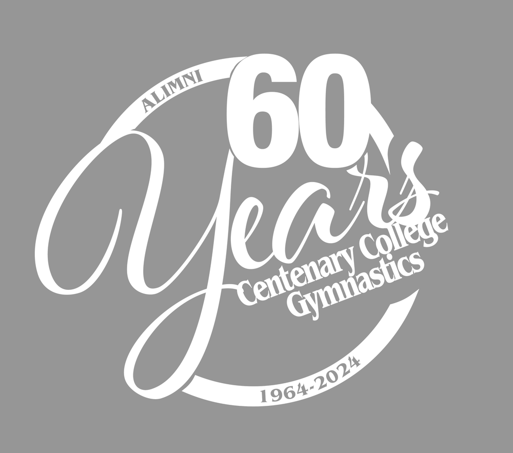 A horizontal montage of vintage-style retro gymnastics logos and typography in grayscale.