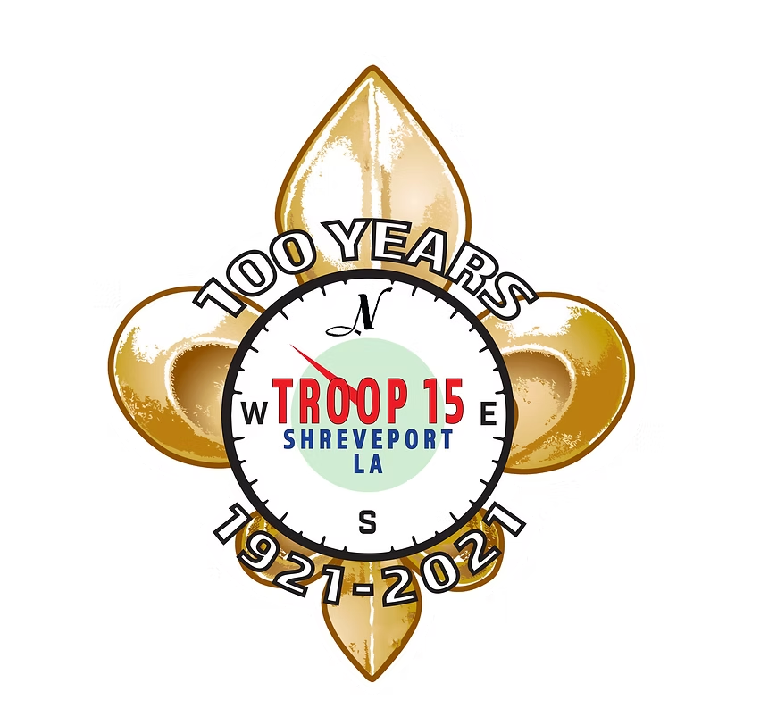 Various Boy Scout troop emblem patches from Shreveport LA including Troop 15 and other historical designs.