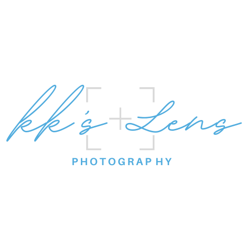 Blue cursive logo design for KK's Lens Photography with a minimalist camera focus frame element.