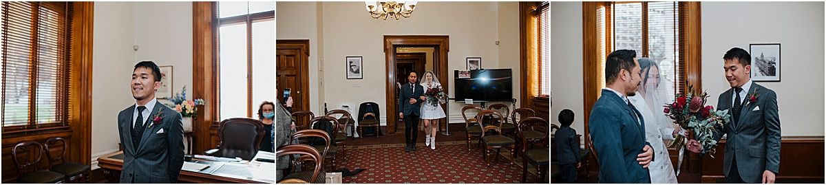 Three connected images show a formal indoor scene with two people in military uniforms sharing an emotional moment together.